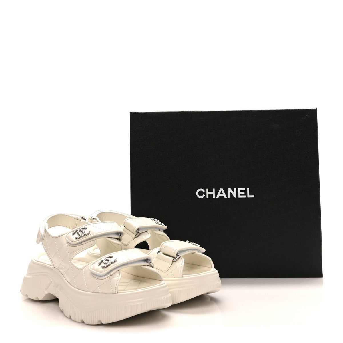Shiny Calfskin Chain CC Velcro Dad Platform Sandals 39.5 White
