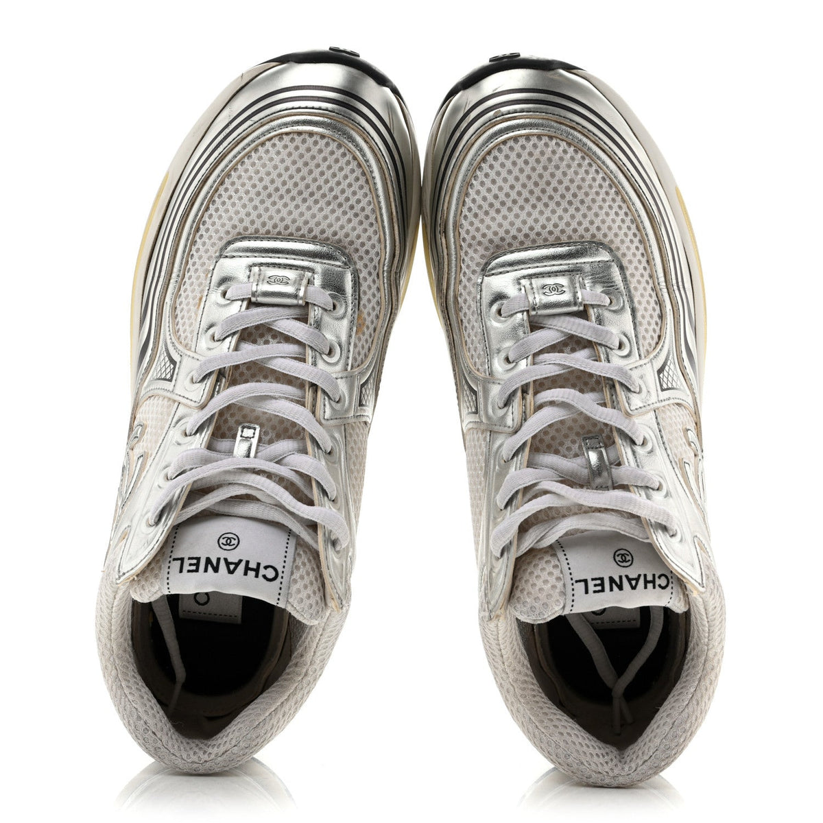 Fabric Laminated Calfskin Stretch CC Womens Sneakers 39.5 White Silver