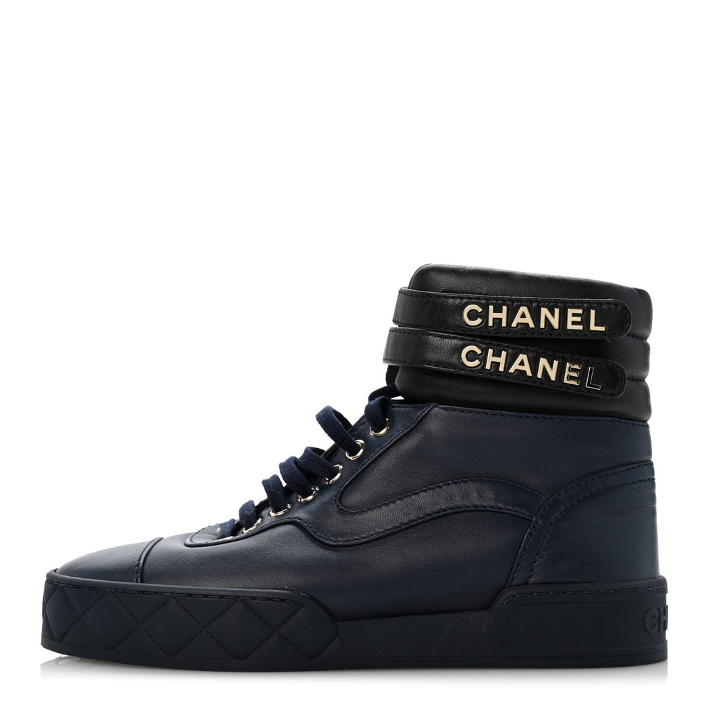 Lambskin Logo High Top Sneakers 36 Navy Black