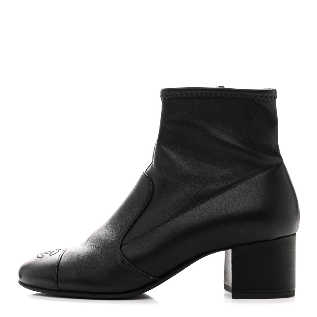 Stretch Lambskin Cap Toe CC Short Boots 38.5 Black