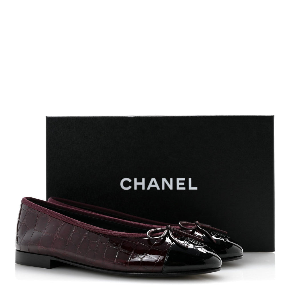 Patent Calfskin Crocodile Embossed Cap Toe CC Ballerina Flats 37 Dark Burgundy Black