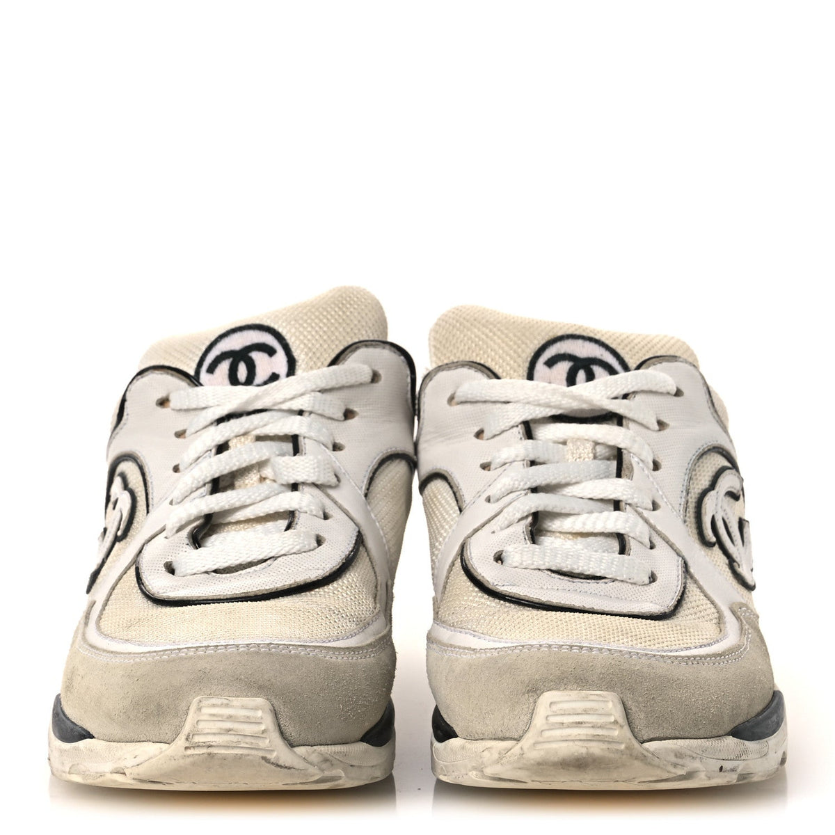 Mesh Suede Calfskin Grosgrain Womens CC Sneakers 37.5 White Black
