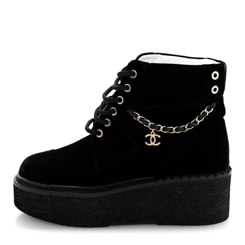 Velvet Chain Lace Up CC Short Boots 35.5 Black