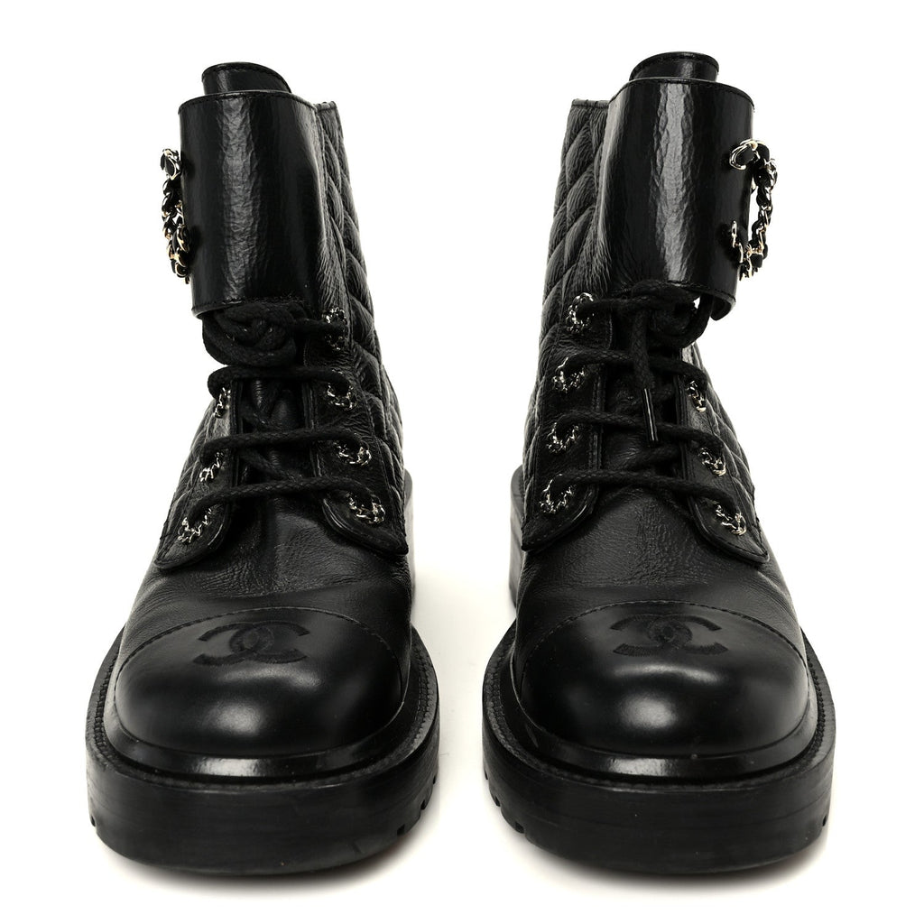 Shiny Goatskin Calfskin Quilted Lace Up Combat Boots 37.5 Black