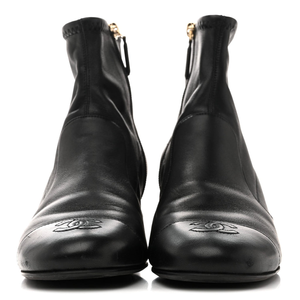Stretch Lambskin Cap Toe CC Short Boots 38.5 Black