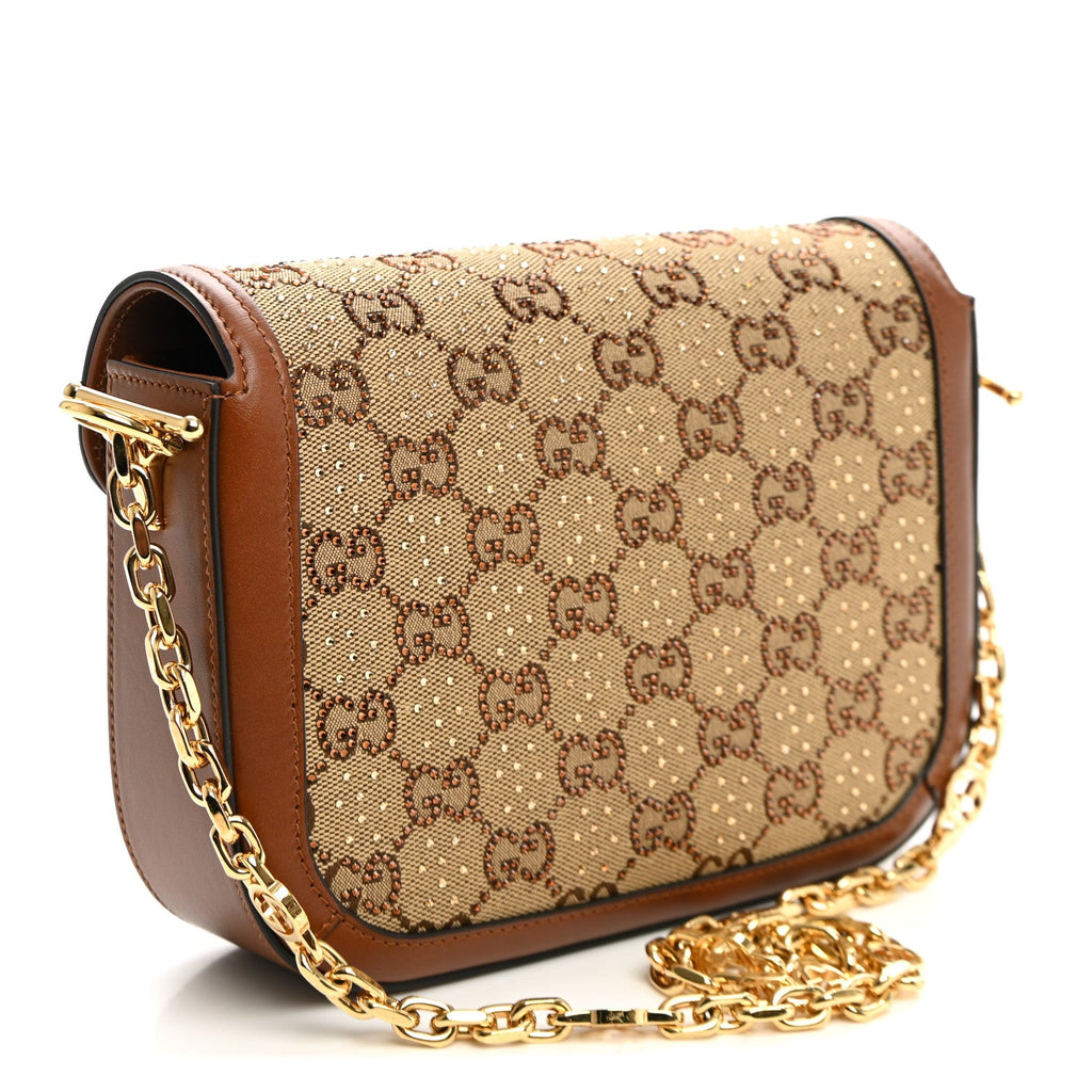 New Canvas Charisma Calfskin Crystal GG Monogram Mini Horsebit 1955 Shoulder Bag Camel Ebony