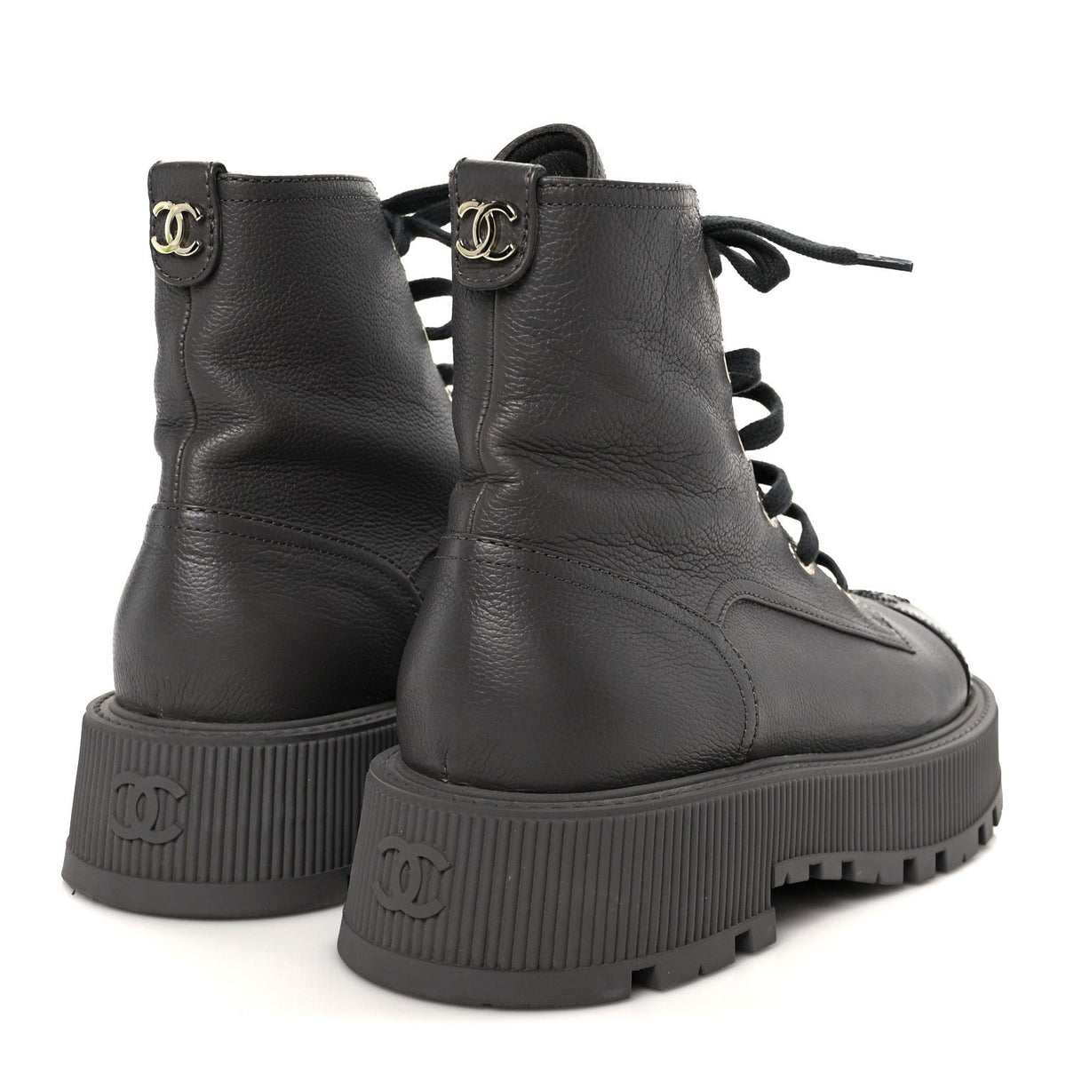 Grained Calfskin Shiny Calfskin CC Lace Up Combat Boots 41 Gray Black