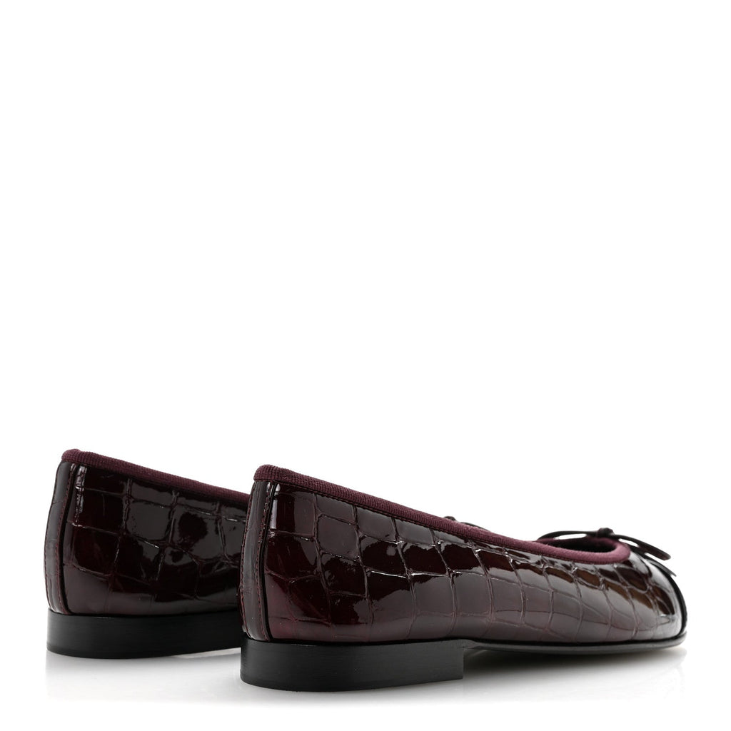 Crocodile Embossed Patent Cap Toe Ballerina Flats 36.5 Dark Burgundy Black