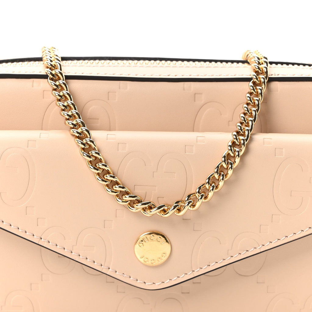 Calfskin GG Super Mini Debossed Chain Wallet Light Beige