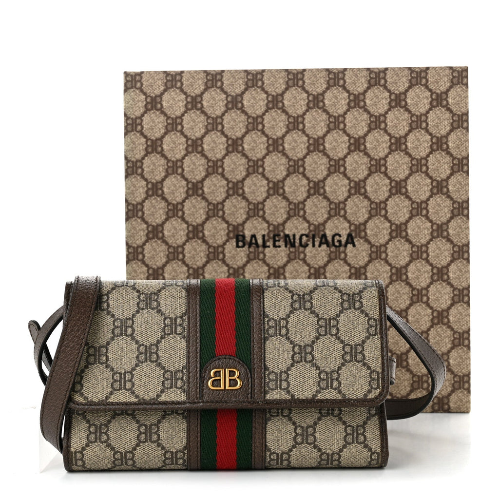 X BALENCIAGA BB Monogram Web Ophidia Crossbody Wallet Beige New Acero
