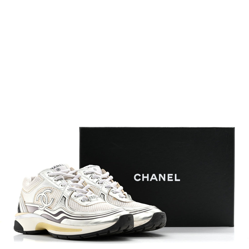 Fabric Laminated Calfskin Stretch CC Womens Sneakers 39.5 White Silver