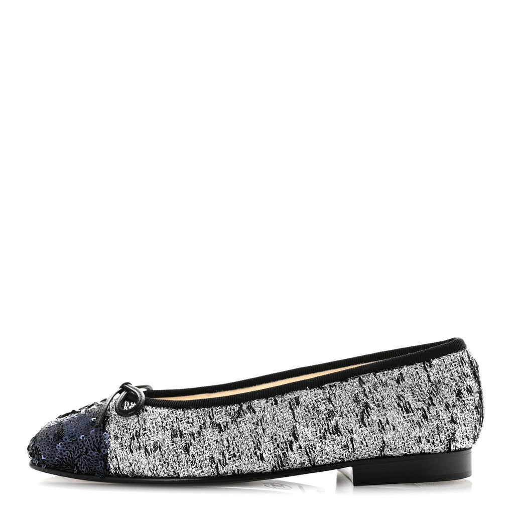 Tweed Sequin Cap Toe Ballerina Flats 35 Silver Black Blue