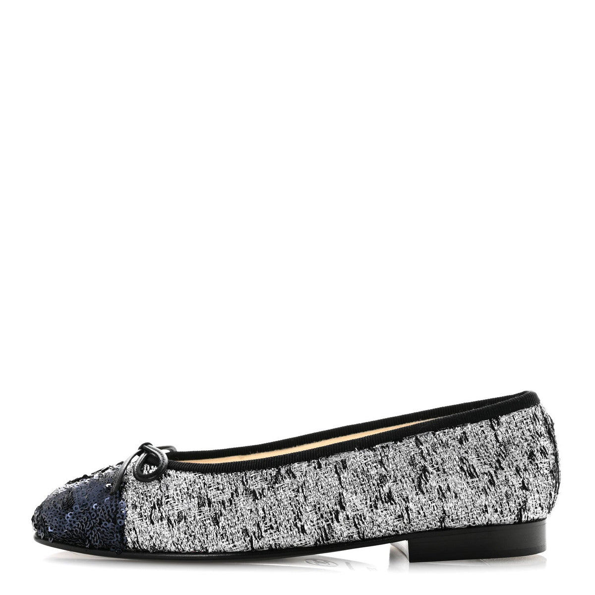 Tweed Sequin Cap Toe Ballerina Flats 35 Silver Black Blue