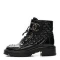 Shiny Lambskin Quilted Lace Up Combat Boots 38 Black