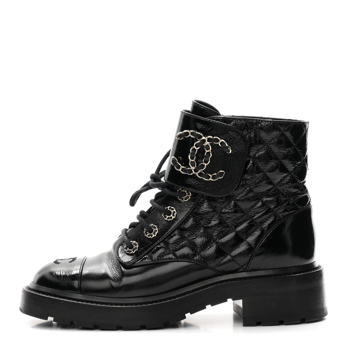 Shiny Lambskin Quilted Lace Up Combat Boots 38 Black