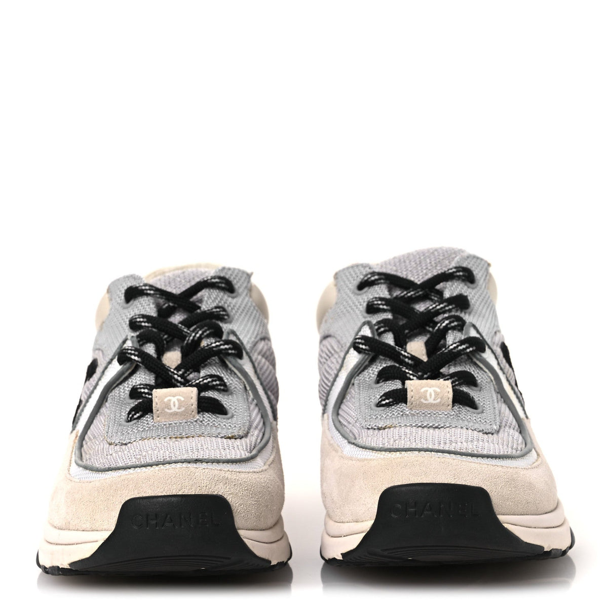Mesh Suede Calfskin Grained Calfskin Womens CC Sneakers 37 Grey White