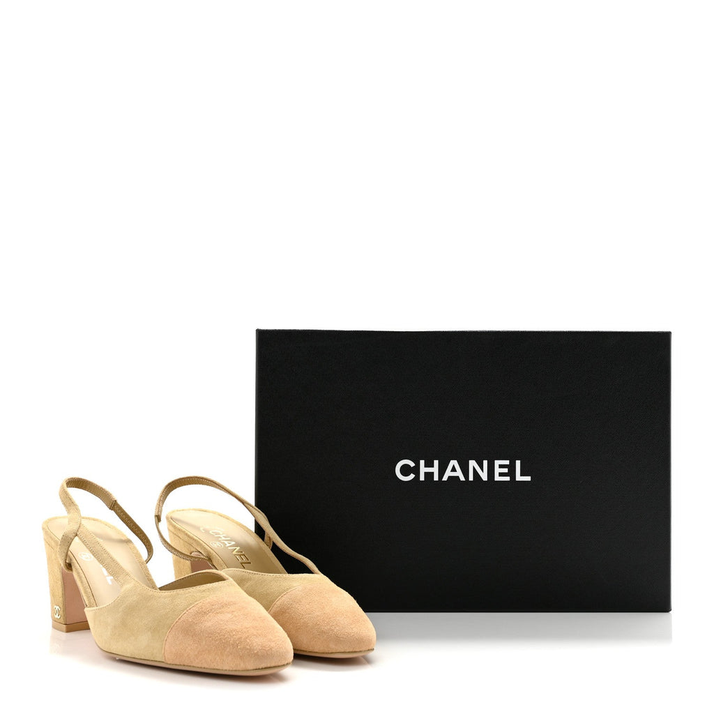Suede Cap Toe CC Slingback Pumps 38.5 Light Beige