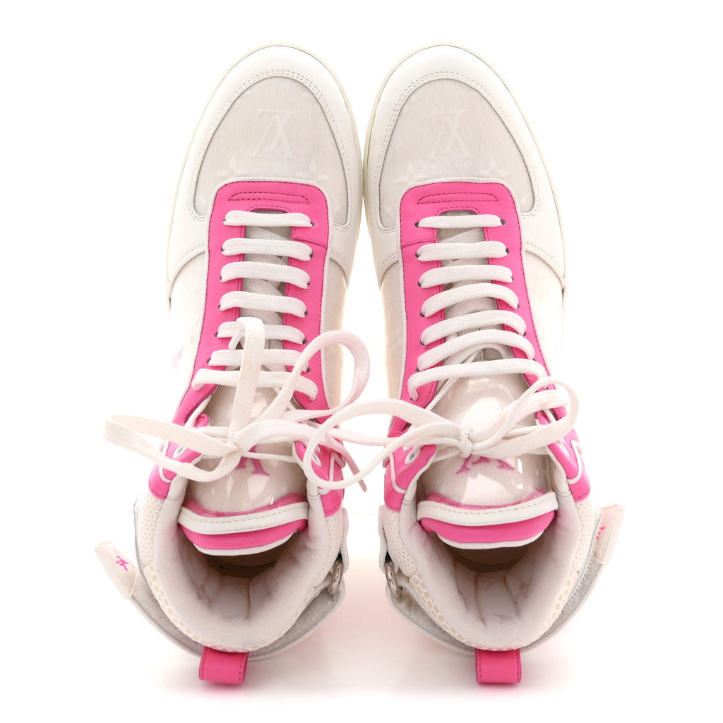 Calfskin Nylon Mesh Monogram Womens Boombox High Top Sneakers 39 White Pink