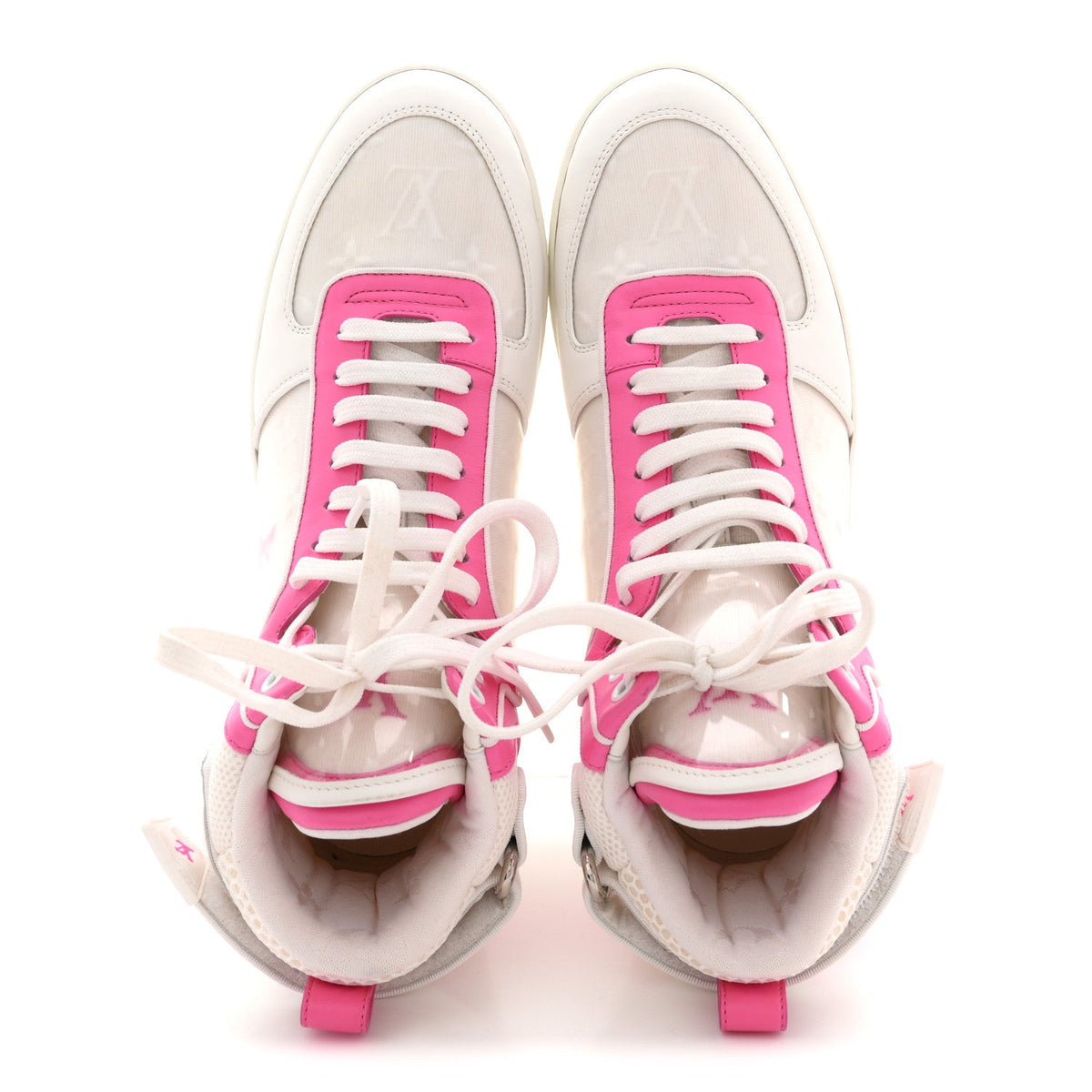 Calfskin Nylon Mesh Monogram Womens Boombox High Top Sneakers 39 White Pink