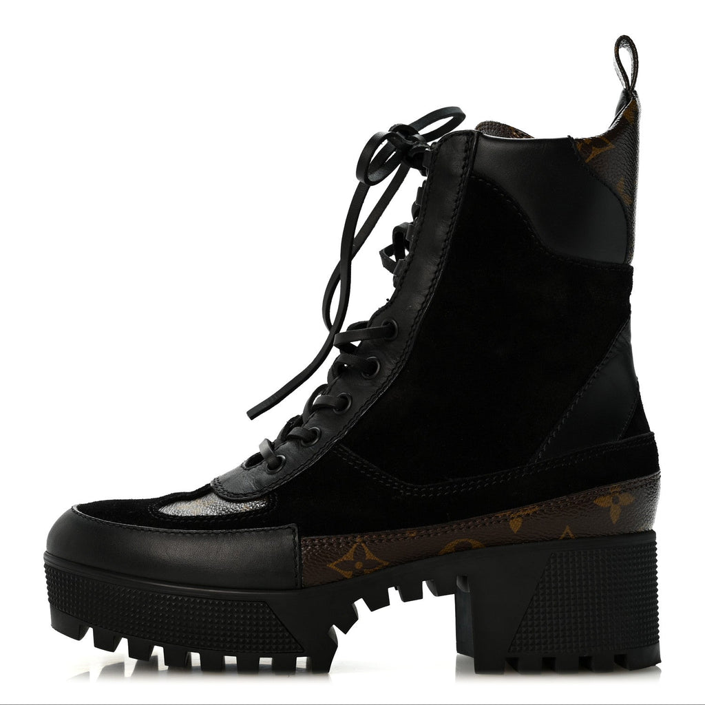 Suede Calfskin Monogram Laureate Platform Desert Boots 36.5 Black