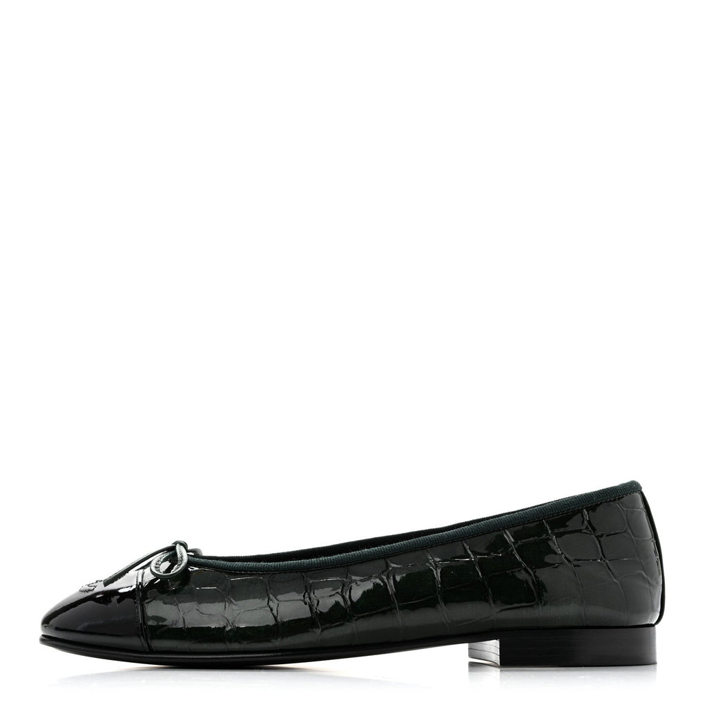Patent Calfskin Crocodile Embossed Ballerina Flats 37 Dark Green Black