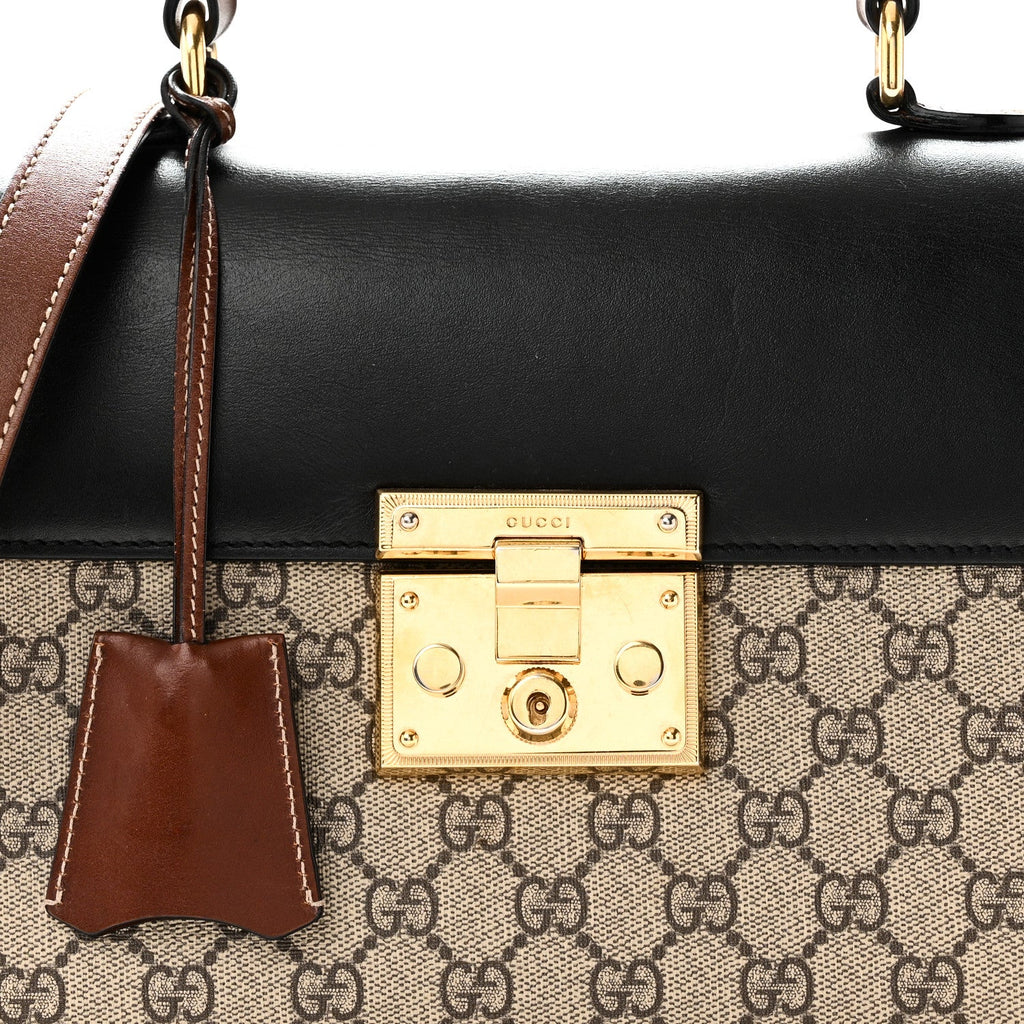 GG Supreme Monogram Calfskin Small Padlock Top Handle Bag Beige Black Cuir
