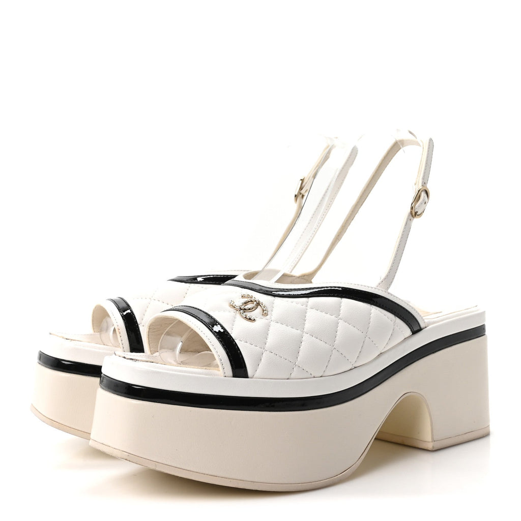 Lambskin Patent Quilted CC Platform Sandals 37.5 White Black