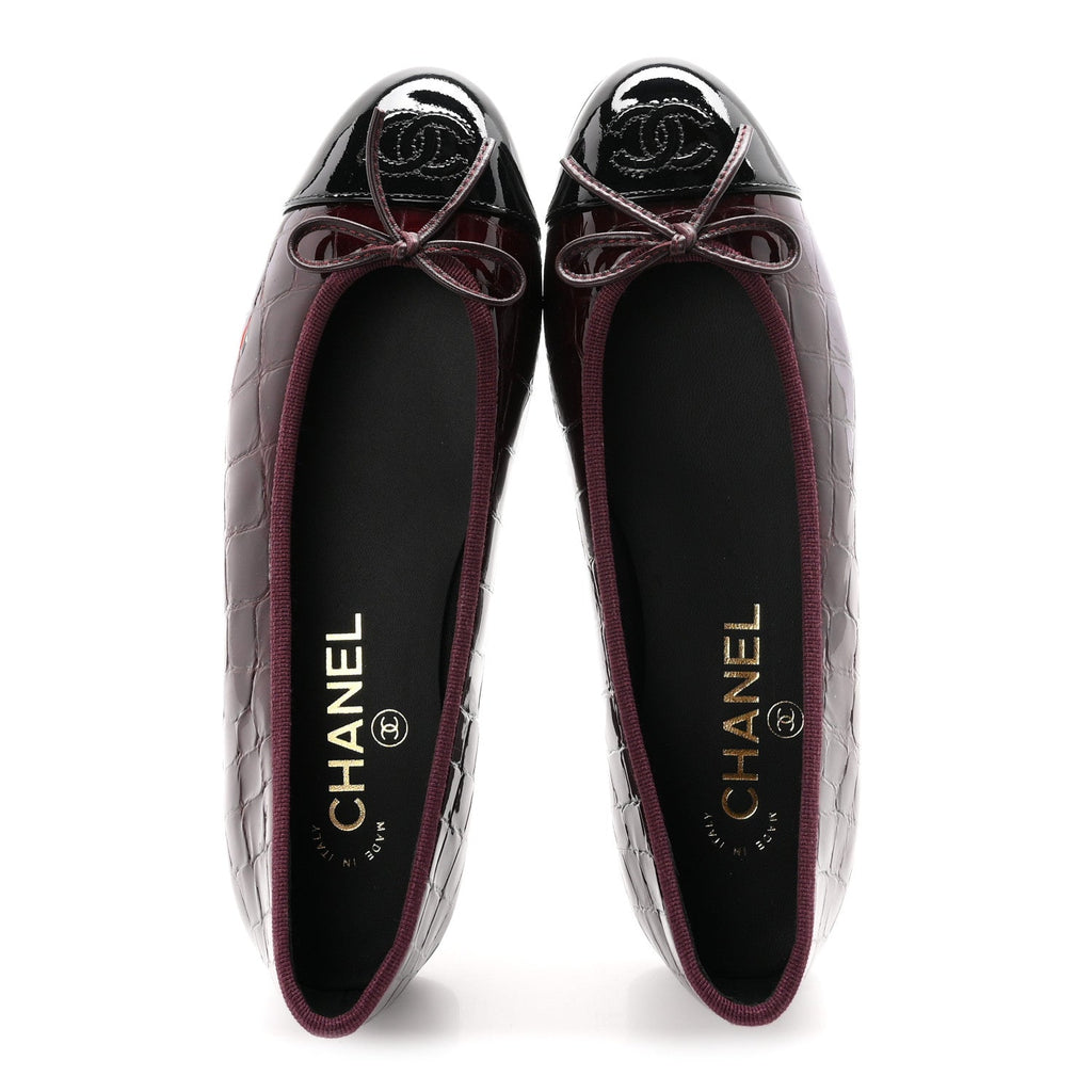 Patent Calfskin Crocodile Embossed Ballerina Flats 36.5 Dark Burgundy Black