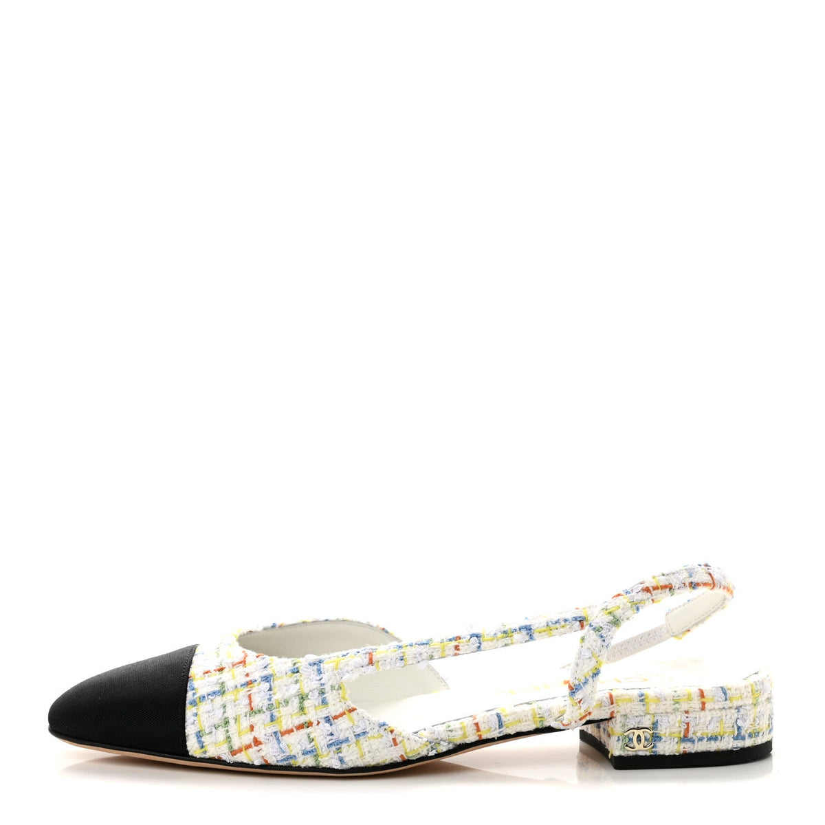 Tweed Grosgrain Cap Toe CC Slingback Flat 38 White Multicolor