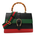 Calfskin Bamboo Web Large Dionysus Top Handle Bag Black Bright Evergreen Hibiscus Red