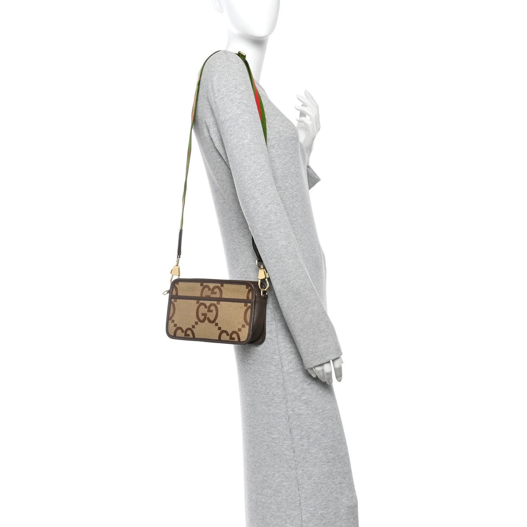 Monogram Jumbo GG Textured Dollar Calfskin Web Mini Crossbody Bag Camel Ebony New Acero