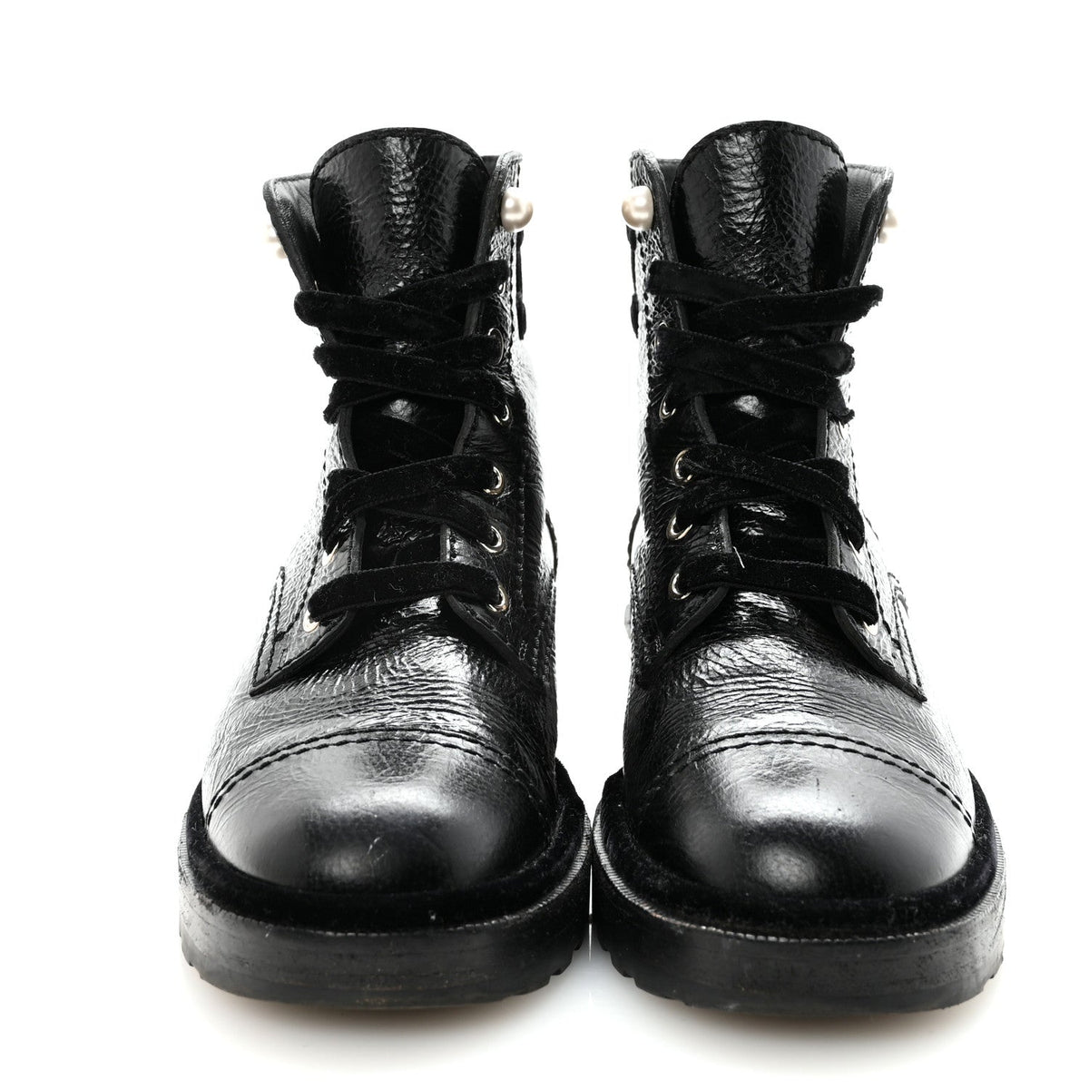 Shiny Calfskin Velvet Pearl Combat Short Boots 38.5 Black