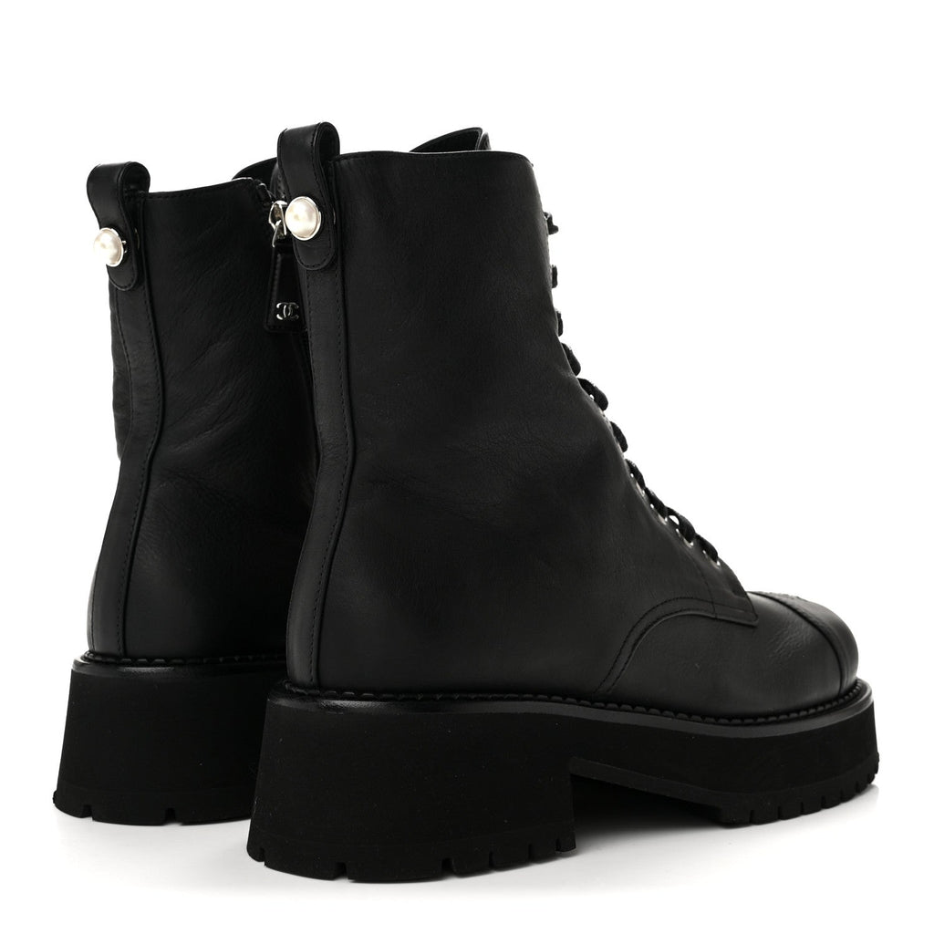 Calfskin Cap Toe Lace Up Combat Boots 40.5 Black
