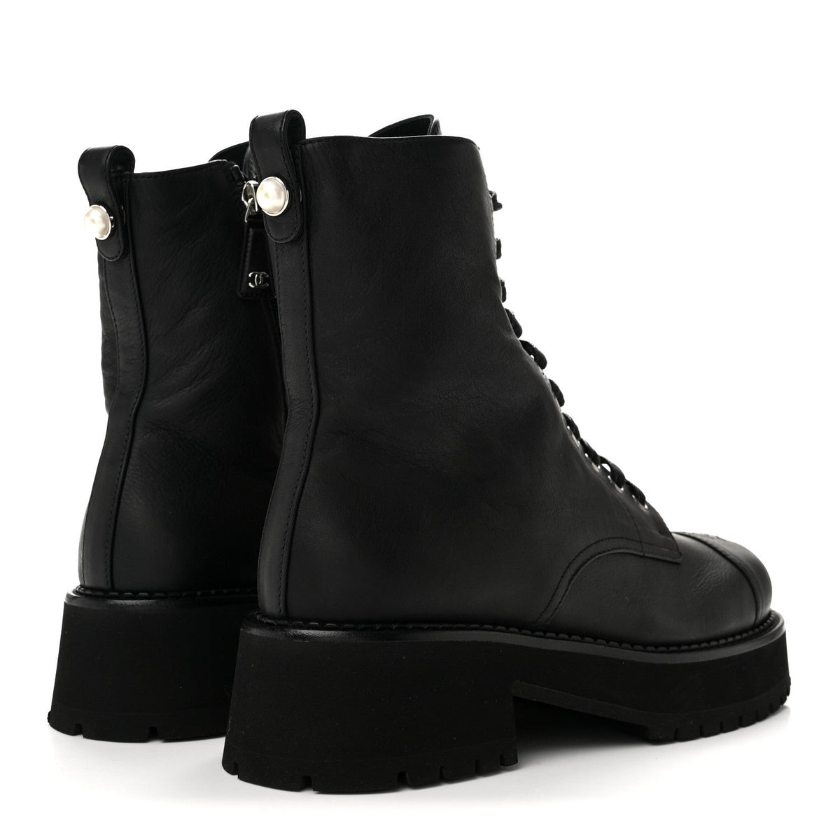 Calfskin Cap Toe Lace Up Combat Boots 40.5 Black