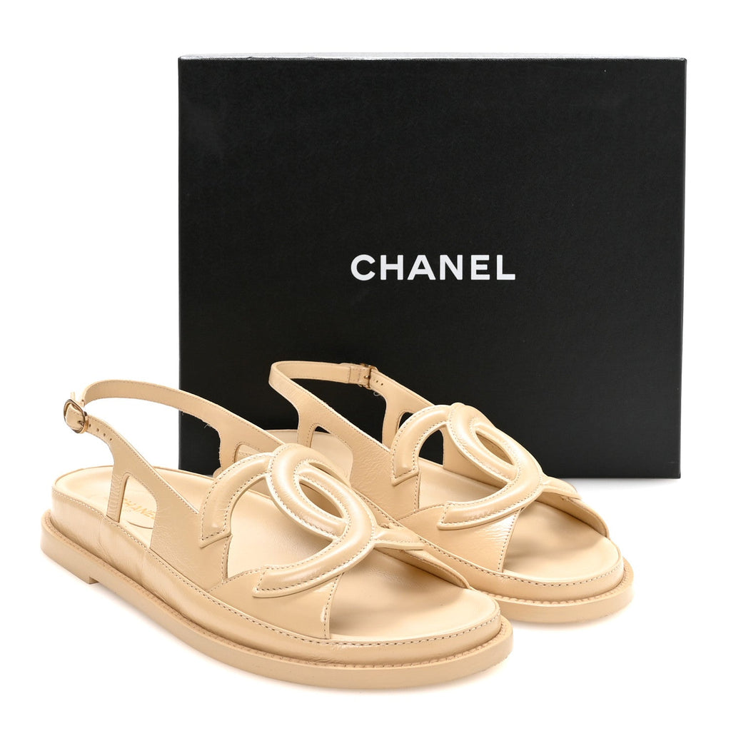 Crumpled Shiny Lambskin CC Cut Out Dad Sandals 39 Beige