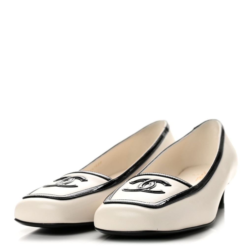 Lambskin Patent Calfskin CC Pumps 39.5 White Black