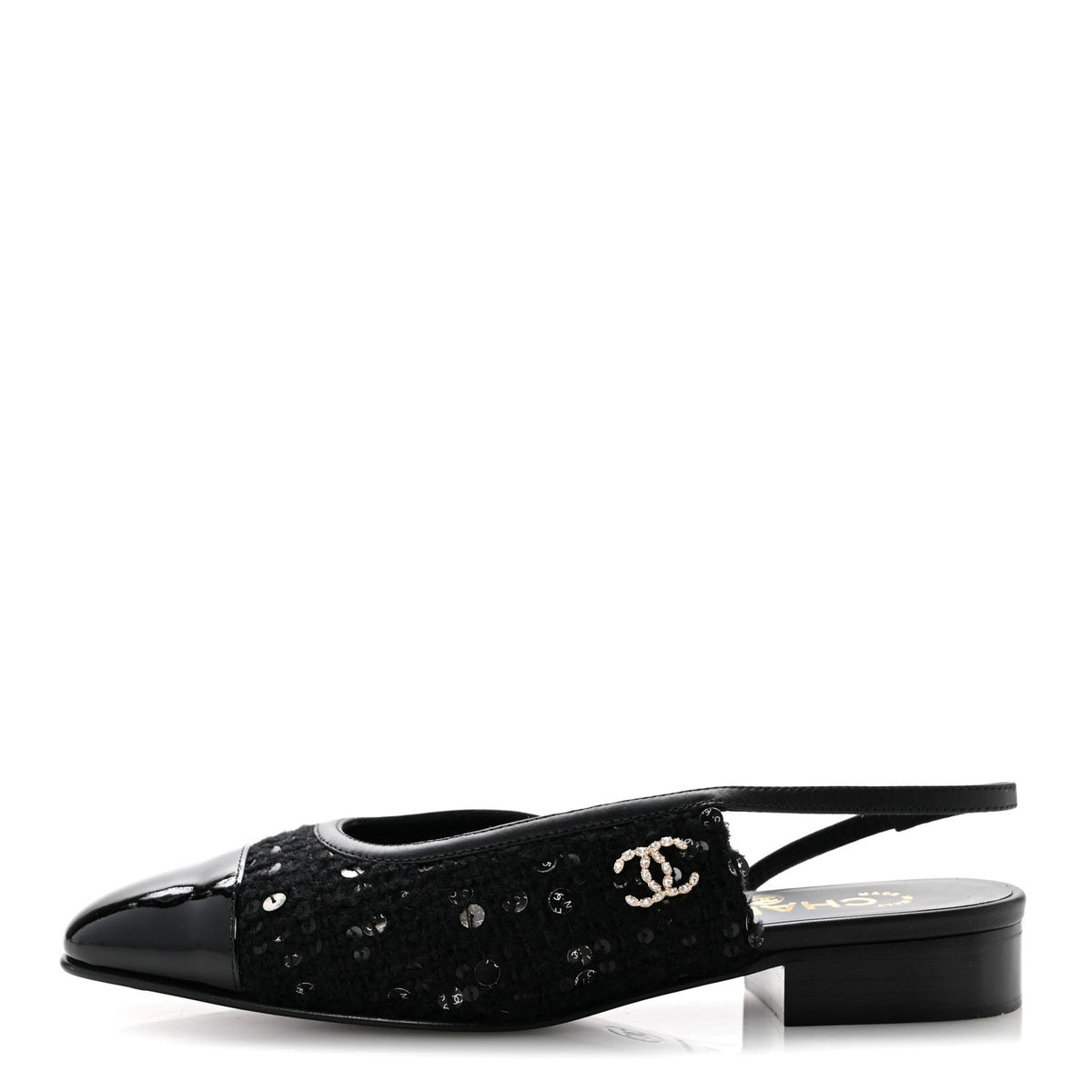 Tweed Patent Calfskin Cap Toe CC Slingback Flats 36 Black