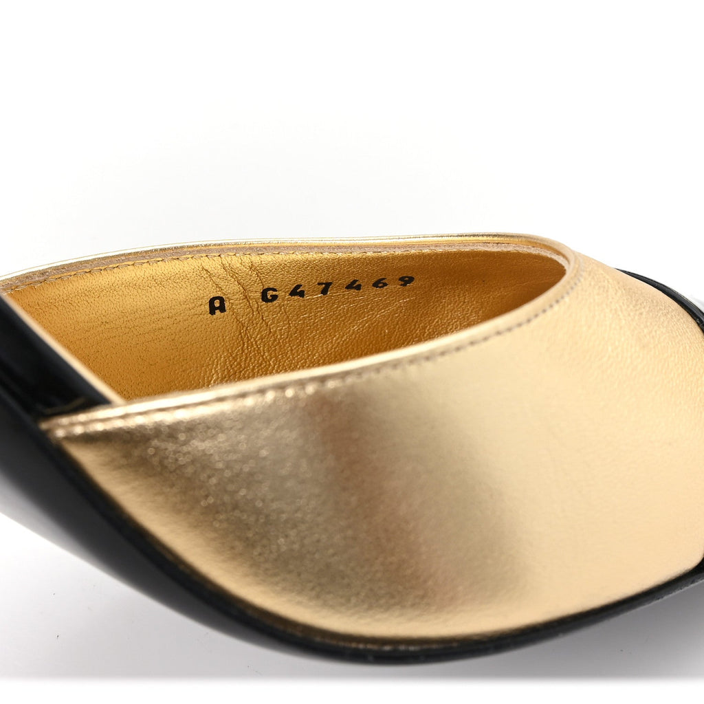 Laminated Lambskin Patent Cap Toe CC Apple Slingback Pumps 40 Gold Black