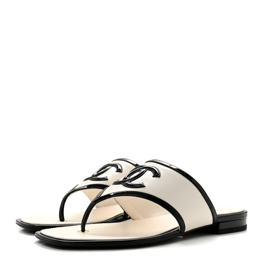 Lambskin Patent Calfskin CC Thong Sandals 38.5 White Black