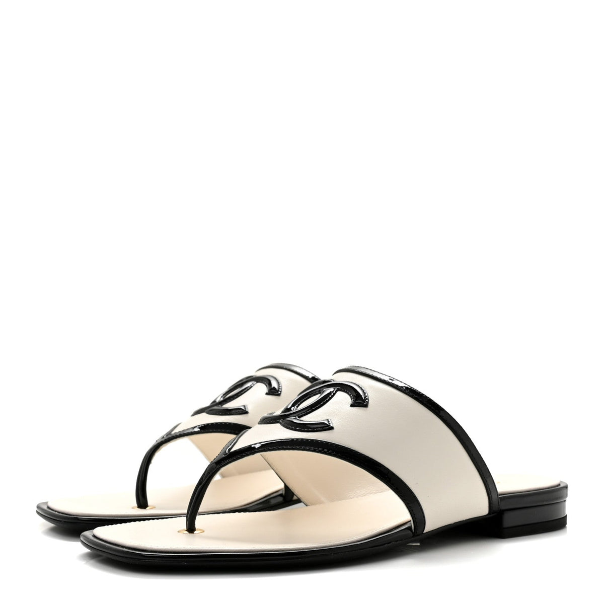 Lambskin Patent Calfskin CC Thong Sandals 38.5 White Black