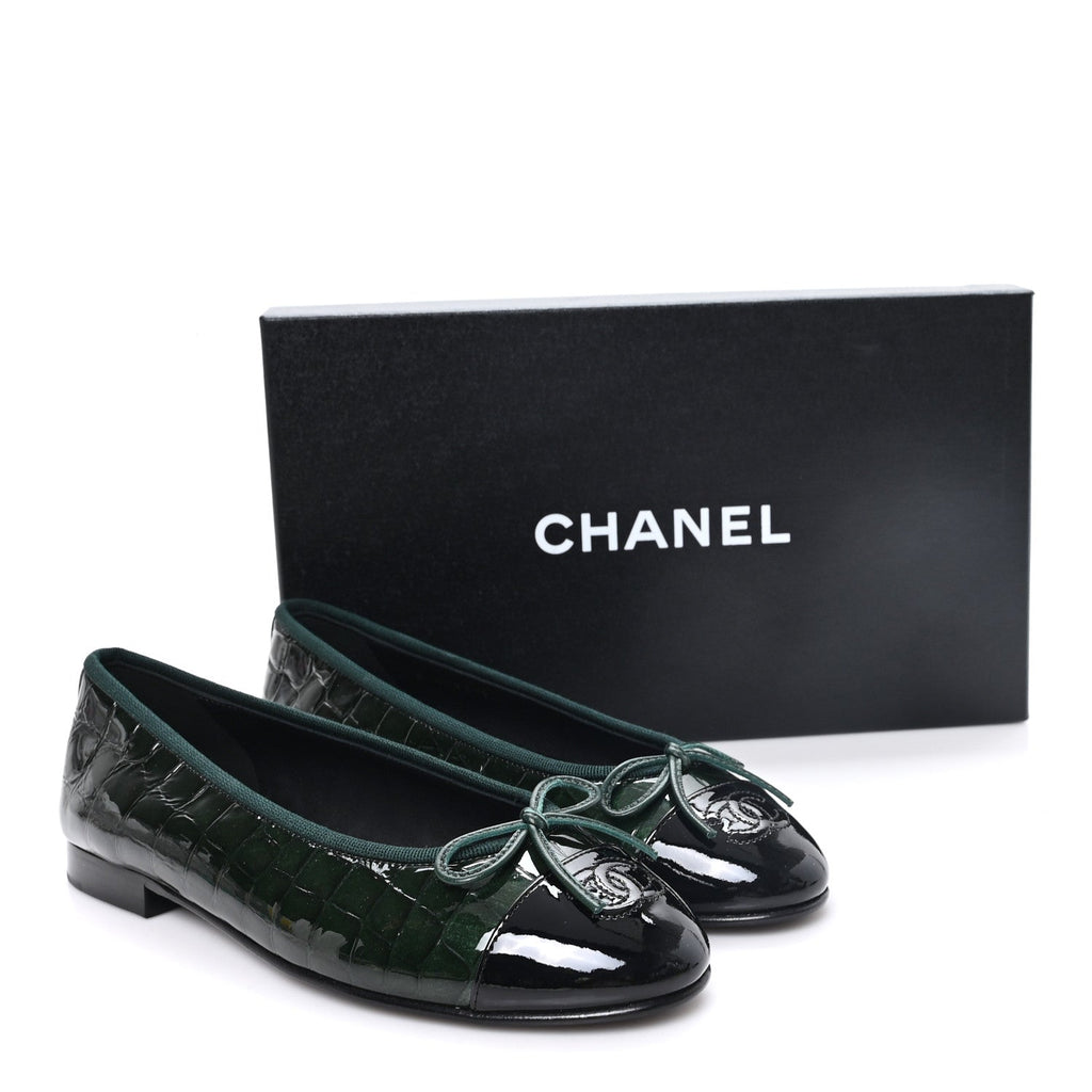 Crocodile Embossed Patent Calfskin Ballet Flats 36.5 Dark Green Black