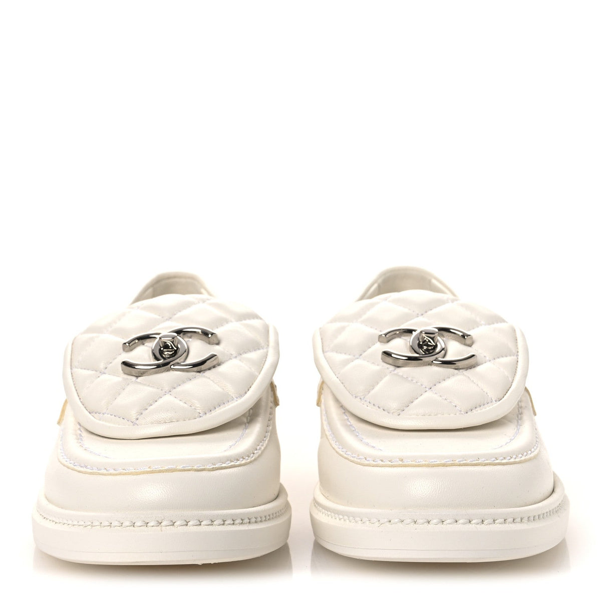 Shiny Lambskin Quilted CC Turnlock Loafers 37.5 White