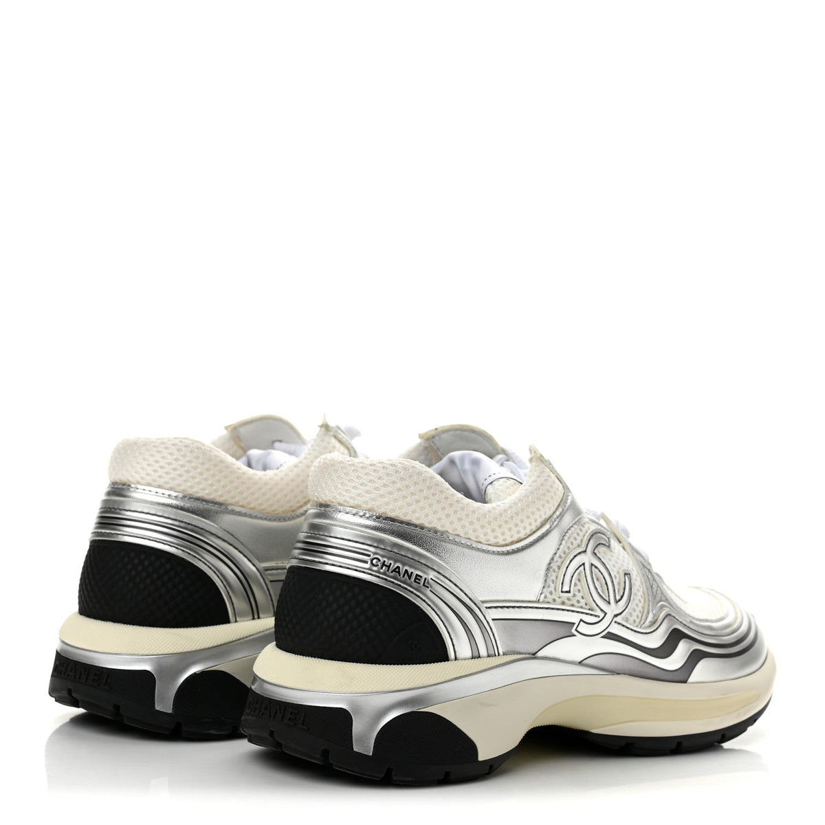 Fabric Laminated Calfskin Stretch CC Sneakers 37.5 White Silver