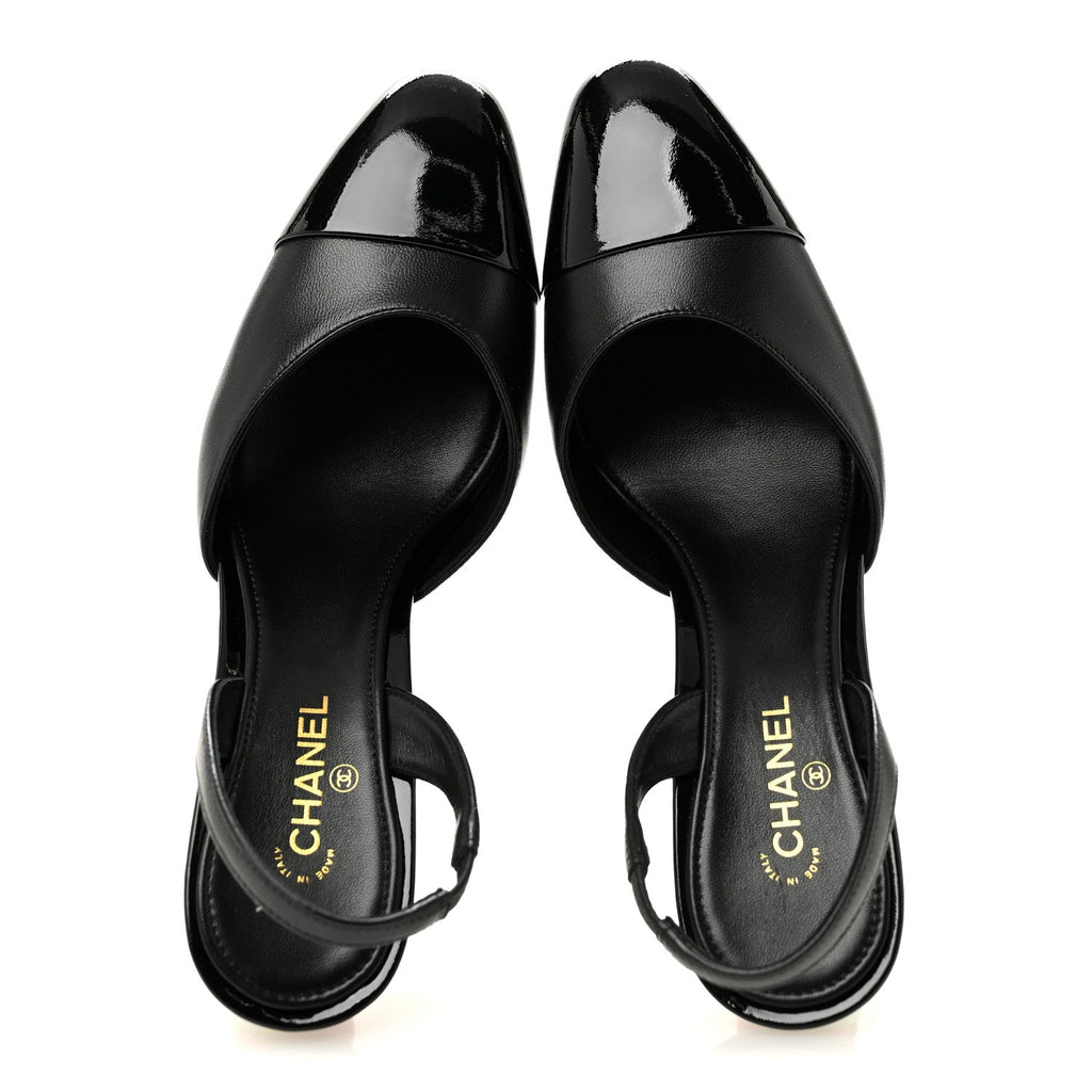 Lambskin Patent Cap Toe CC Apple Slingback Pumps 37 Black