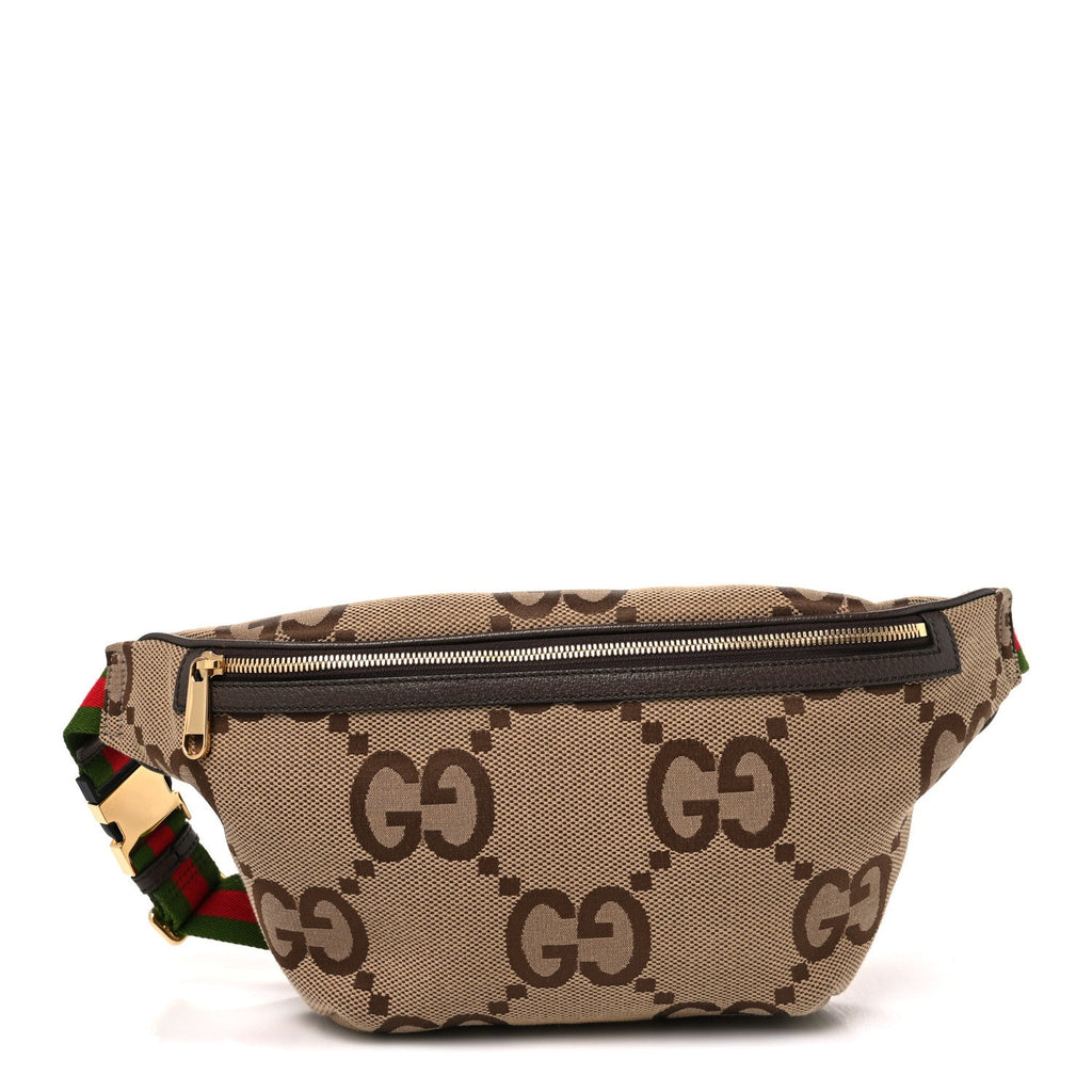 Monogram Jumbo GG Textured Dollar Calfskin Web Belt Bag Camel Ebony New Acero