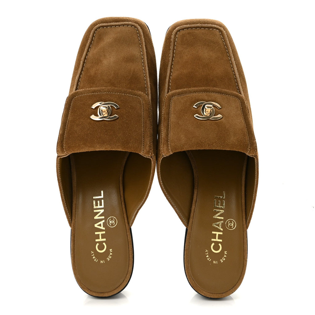 Suede Calfskin CC Turn Lock Mules 40 Dark Beige