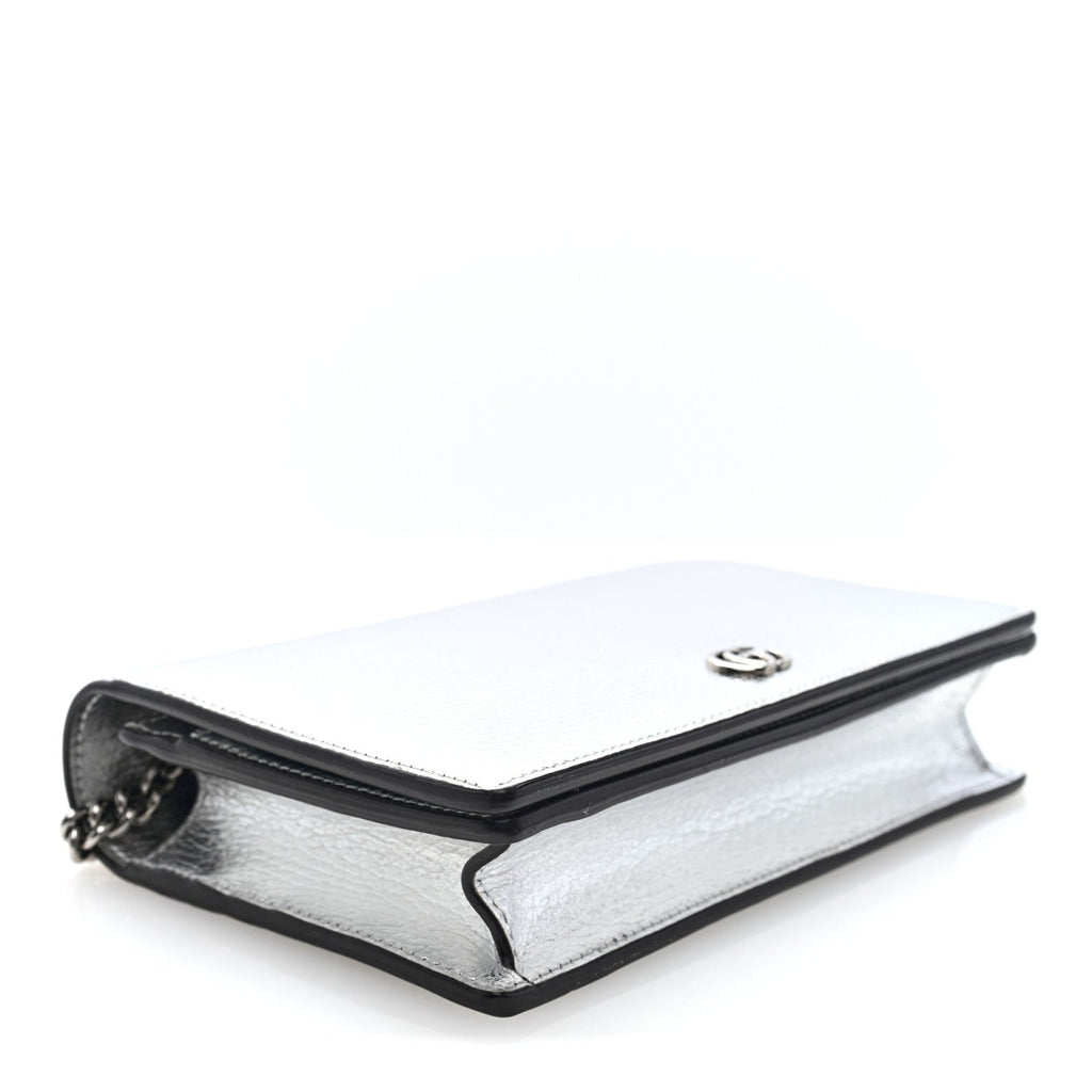 Metallic Dollar Calfskin Mini GG Marmont Chain Wallet Silver