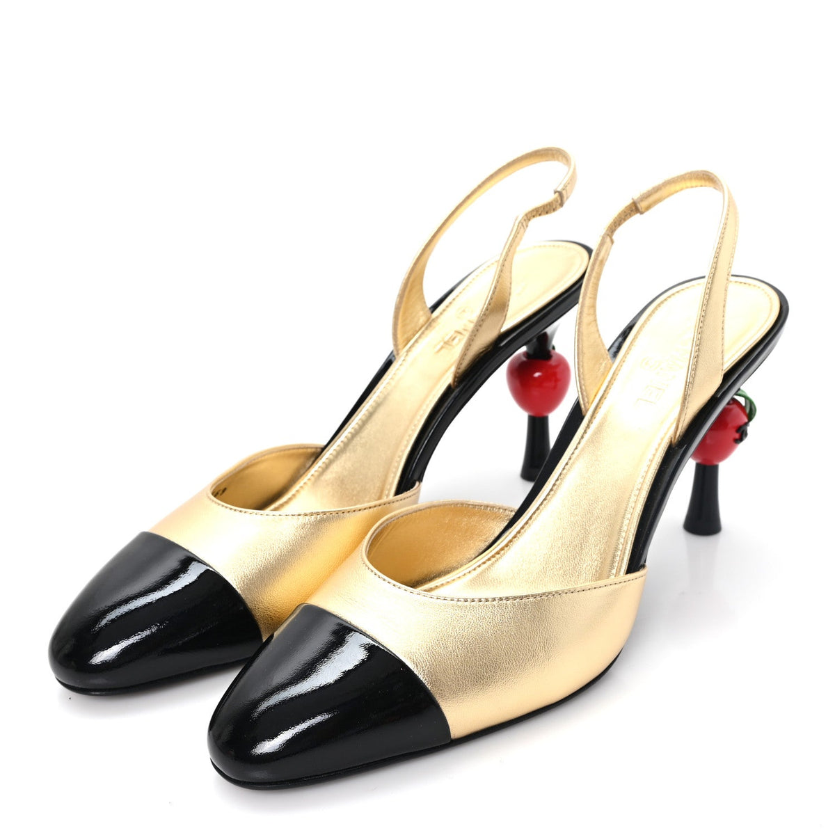 Laminated Lambskin Patent Cap Toe CC Apple Slingback Pumps 40 Gold Black