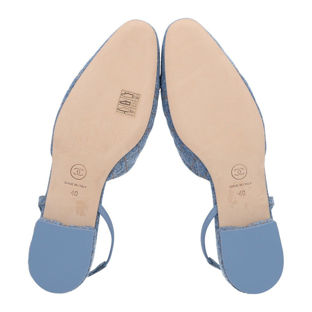 Denim Quilted Cap Toe CC Slingback Flats 40 Light Blue