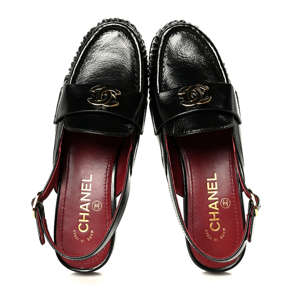 Crumpled Shiny Lambskin CC Slingback Mocassin 37.5 Black